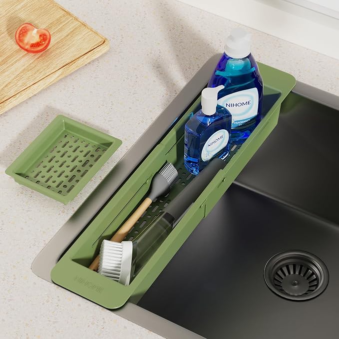 NiHome Extendable Sink Caddy, Small Telescopic Kitchen Brush Holder | Adjustable Sink Organizer for Brush/Sponge with Fast Drainage, Durable ABS, Non-Slip Pads, Expandable Brushes Holder (Green)
