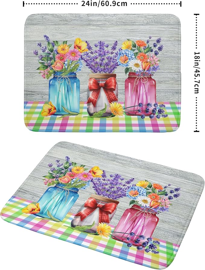 Kawani Spring Summer Flowers Dish Drying Mat for Kitchen Counter 18"x24" Spring Floral Jars Drying Mat Soft Absorbent Microfiber Farmhouse Colorful Floral Dish Drainer Rack Mats for Counter tops