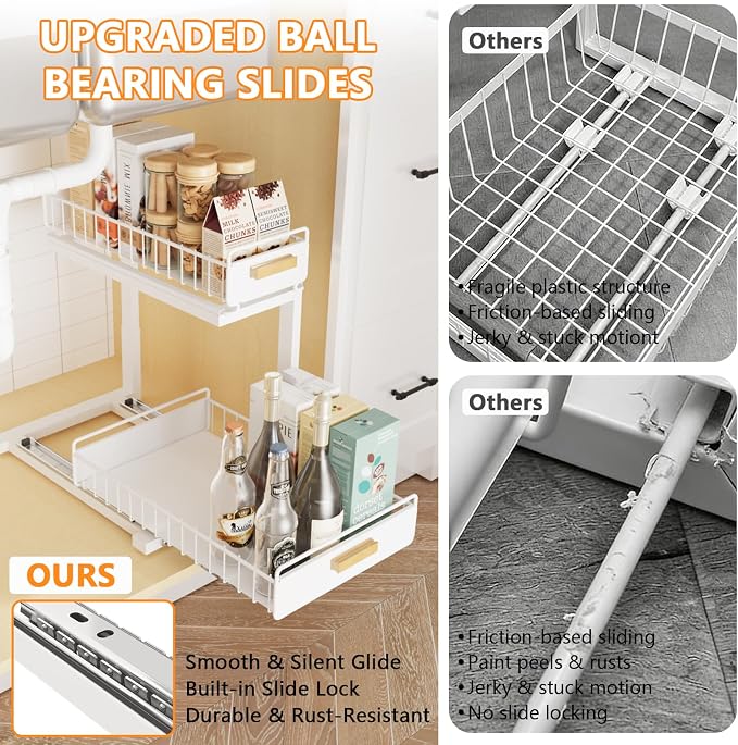 2 Pack Under Sink Organizer with Ball Bearing Sliding Drawer, Heavy Duty Pull Out Cabinet Organizer, 2 Tier Adjustable Storage Rack for Kitchen Bathroom, Space Saving Design, White