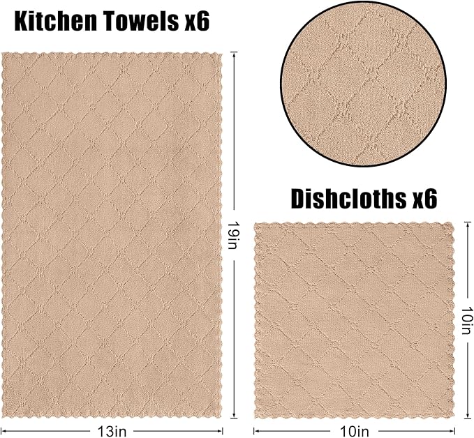 Homaxy Kitchen Towels and Dishcloths Set, 10 x 10 and 13 x 19 Inches, Set of 12 Super Soft and Absorbent Coral Velvet Kitchen Towels, No Lint and Nonstick Oil Fast Drying Dish Towel, Tan