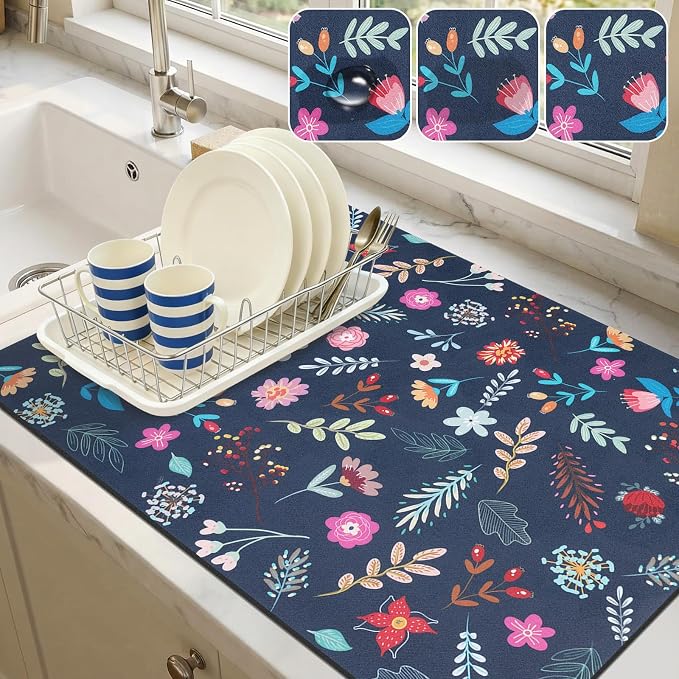 LOKHOM Dish Drying Mat for Kitchen Counter, 18"x24" Absorbent Coffee Bar Mat with Colorful Floral, Vintage Dish Drainer Rack Mat