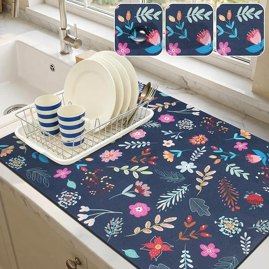 LOKHOM Dish Drying Mat for Kitchen Counter, 18"x24" Absorbent Coffee Bar Mat with Colorful Floral, Vintage Dish Drainer Rack Mat