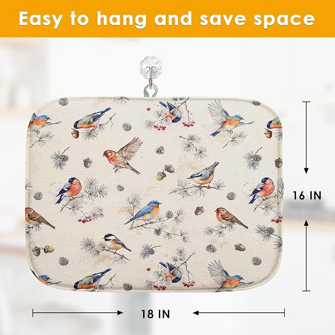 Sanwarm Absorbent Dish Drying Mat, Vintage Birds Watercolor Cute Floral Microfiber Pad for Kitchen Counter, Coffee Bar Decor, Heat Resistant and Reversible, 16" x 18"
