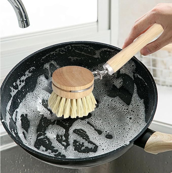 Wooden Dish Brush Set, 4 Natural Bristle Replacement Heads with 1 Sturdy Wooden Handle, Sisal Kitchen Scrub Brush for Pots, Pans, Vegetables and Cookware