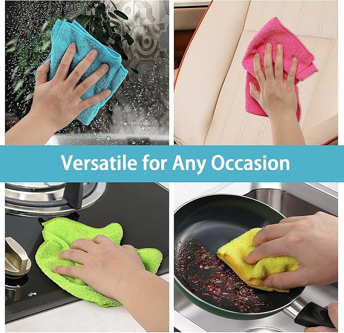 HOMEXCEL 8PK Microfiber Cleaning Cloth, Cleaning Rags for Home, 11.5x11.5in | Reusable, Lint Free, Scratch-Free and Highly Absorbent Towels for Kitchen, Window and Glass, Cars (Green/Blue/Yellow/Pink)