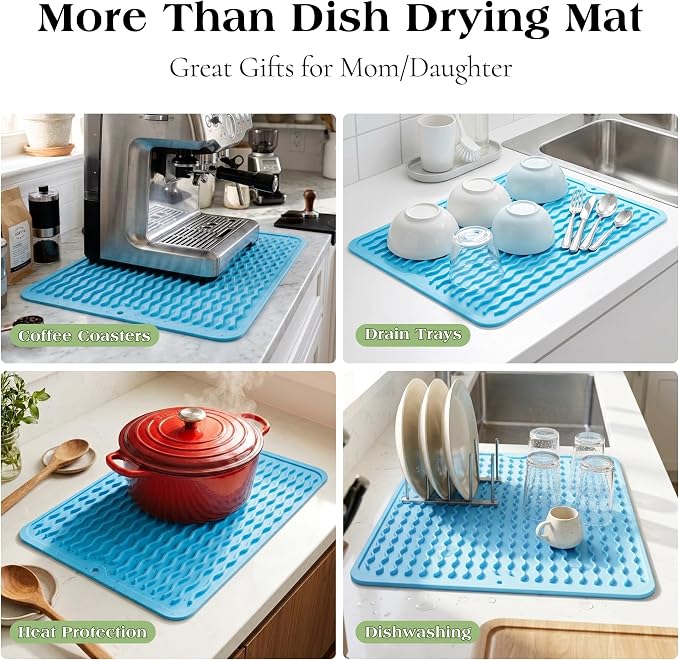 CAKETIME 2 Pack Colorful Silicone Dish Drying Mat for Kitchen Counter Multiple Usage for Cooking Baking Office Coffee Under Sink Accessories Apartment Appliances Pioneer Woman Stuff 15"x11.5" Blue