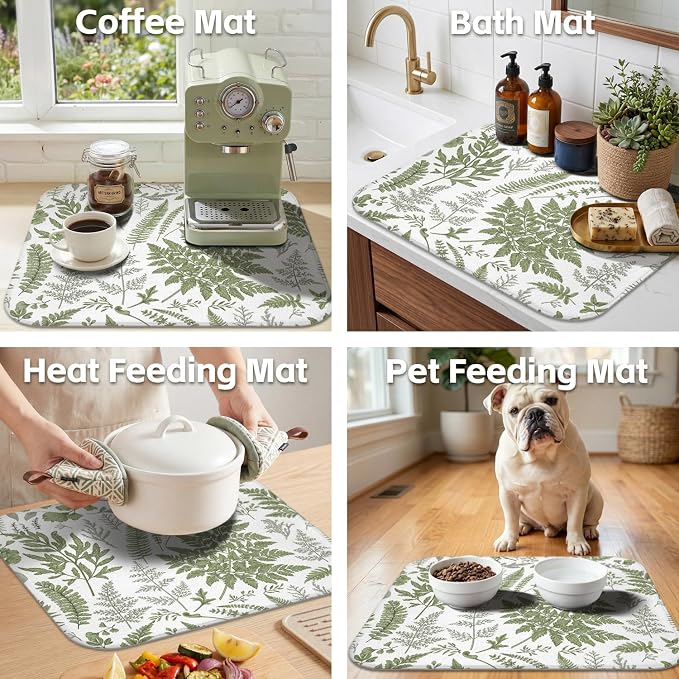 Boho Dish Drying Mat for Kitchen Counter,Botanical Fern Plant Floral Farmhouse Absorbent Microfiber Reusable Washable Non-Slip Dish Drainer Draining Mats Dishes Pad for Kitchen Decor 18x16 Inch