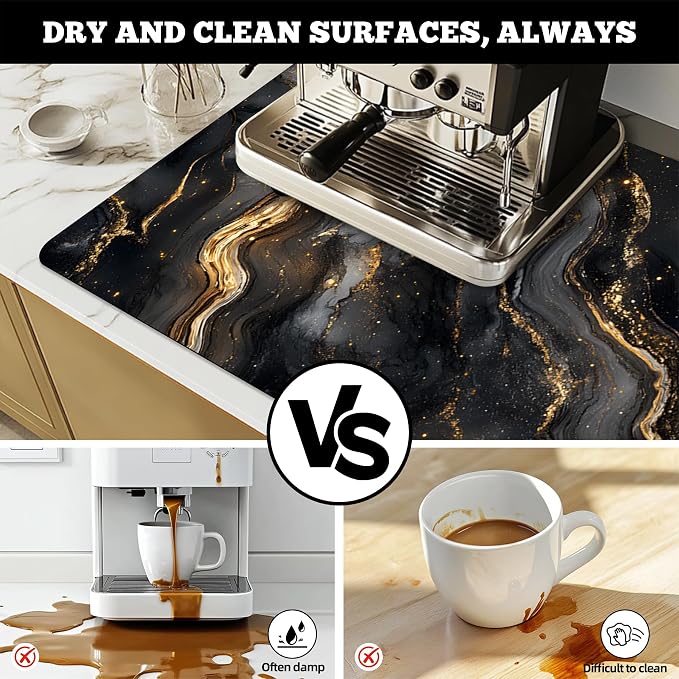 Dish Drying Mat Large Coffee Mat Absorbent Drying Mat for Kitchen Counter Coffee Bar Accessories 32"x 17", Black Gold Marble