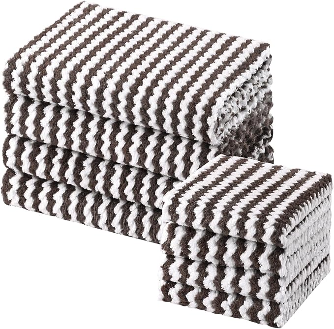 Homaxy 8 Pack Kitchen Towels and Dishcloths Set, 10 x 10 and 10 x 20 Inches, Ultra Soft and Absorbent Coral Velvet Dish Towels, no-lint Reusable Fast Drying Microfiber Cleaning Cloth, Brown