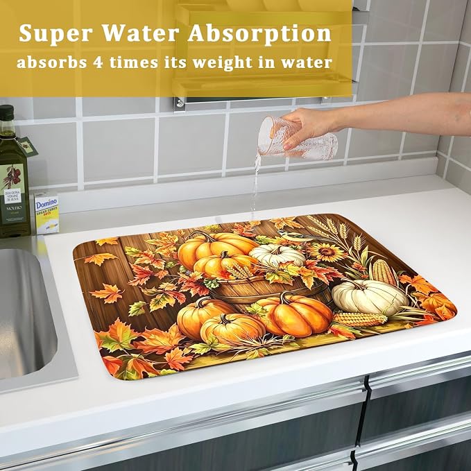 Autumn Dish Drying Mat for Kitchen Counter Fall Pumpkin Corn Harvest Microfiber Absorbent Dish Draining Reusable Washable Foldable Extra Large 18"x24"