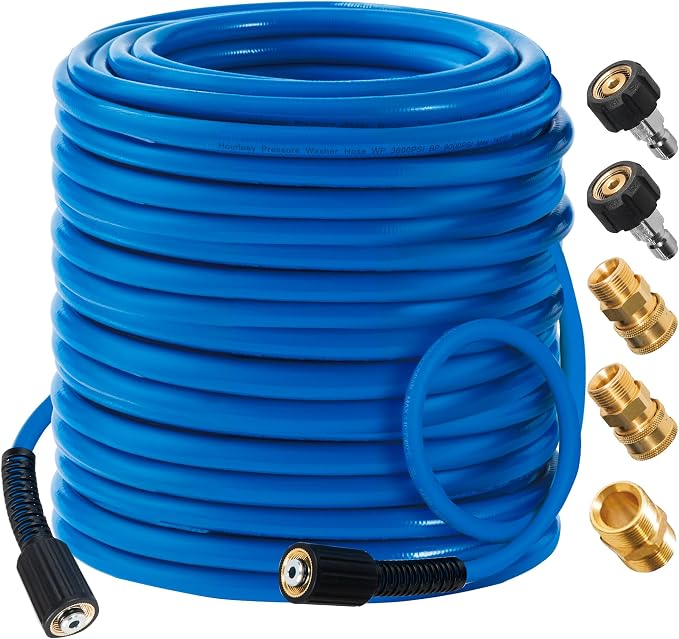 Hourleey Pressure Washer Hose 100 FT, 3600 PSI Flexible Kink Resistant Power Washer Hose Replacement, 1/4" Quick Connect Pressure Hose Extension With Leak-Free M22 x 3/8", Blue