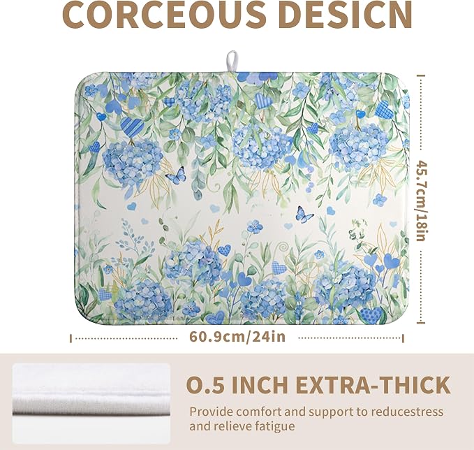 Blue Hydrangea Floral Dish Drying Mat for Kitchen Counter Spring Butterfly Flower Drainer Mat Absorbent Reversible Microfiber Heat Resistant Dry Pad Reusable Washable Dishes Pad 18x24 Inch