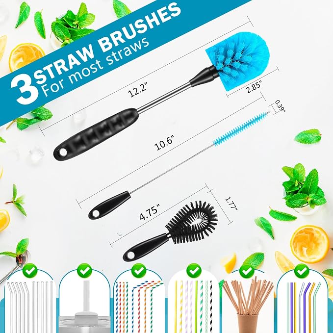 12.2 inch Bottle Brush Set of Three，Washable Coffee Cups, Water Bottles, Baby Bottles, Straws, to-go Cups, Long-Handled 3-in-1 Stainless Steel Bottle Brushes. (Black)