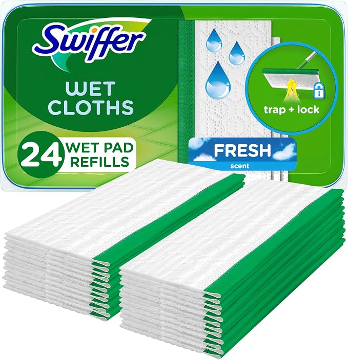 Swiffer Sweep + Mop, Wet Pads Refill, Microfiber Floor Cleaner for Dirt, Dust, Hair, Cleaning Cloths for Mopping Home, Bathroom, Kitchen, All Purpose Multi-Surface Floor Wipes, Fresh, 24ct