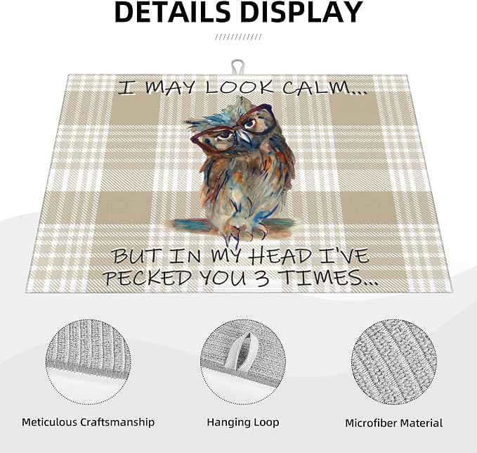 Kitchen Drying Mat Funny Owl Dish Drainer Mat for Kitchen Counter Microfiber Absorbent Reusable Washable 18x24 Inch Home Holiday Decor Cute Buffalo Plaid Drying Pad