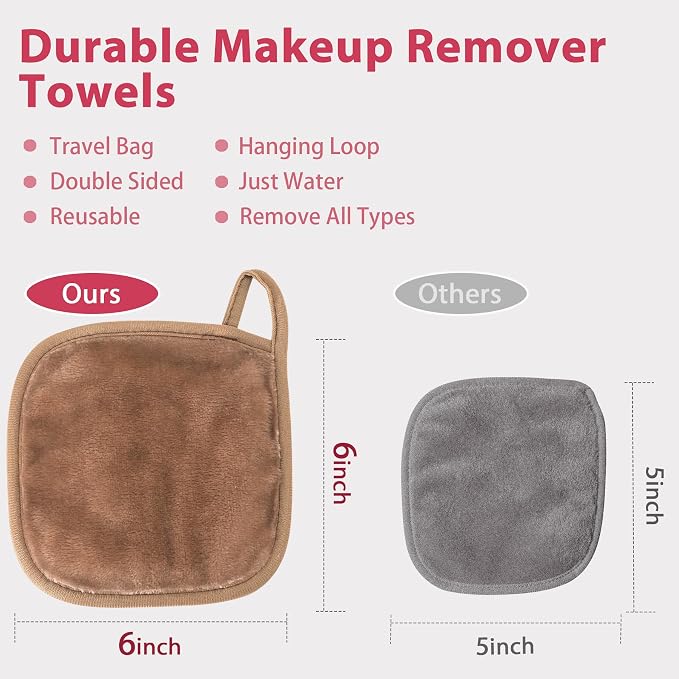 Natwag Makeup Remover Cloth, 6" x 6" Make Up Towels Reusable Face Cloth for Washing Face, Makeup Remover Pads Microfiber Face Washcloth with Mesh Bag, Just Water, 12 Pack, Light Brown