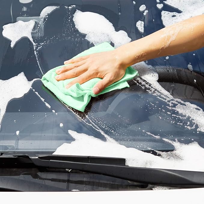 Amazon Basics Microfiber Cleaning Cloths, Ultra Absorbent, Scratch Free, Non-Abrasive, Reusable and Washable, All-Purpose, Car Detailing, 16" x 12", Green/Gray/Pink, 36-Pack