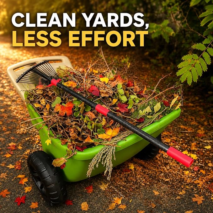 Adjustable Leaf Rake, 8"-17" Expandable Metal Garden Rake with 58" Adjustable Handle, Lightweight Collapsible Yard Rake for Leaves, Pine Needles, Flower Beds, Shrubs and Small Lawns