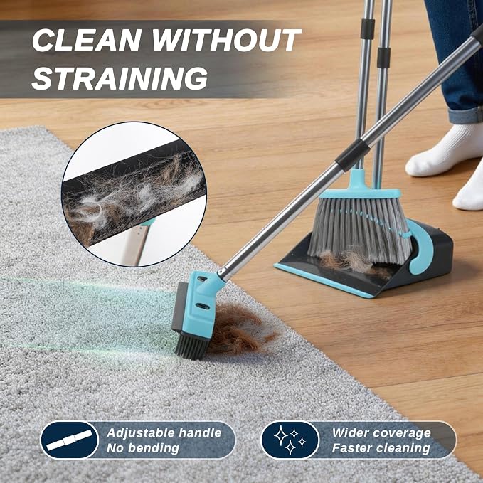 Broom with Dustpan Combo Set,Pet Hair Rubber Broom with Carpet Rake and Squeegee,Long Handle Broom with Upright Standing Dustpan for Indoor Cleaning (Black)