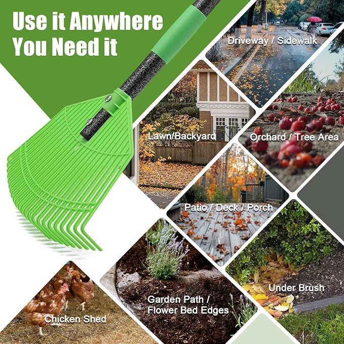 Plastic Rake for Leaves - Upgraded Anti-Break Nylon Head,75" Adjustable Leaf Rake,Gentle on Lawn,Garden,Yard,Grass,Pine Needle,Shrub,Lightweight for Women,Seniors,Kid,Gardening Camping Use