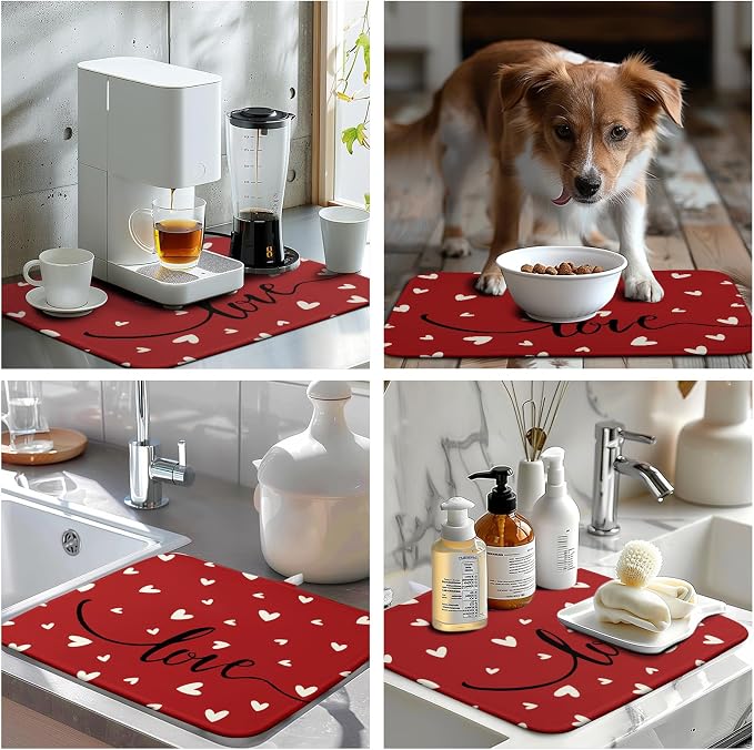 Valentines Day Dish Drying Mat 18x24 Inch Valentine Red Love Heart Drying Mats for Kitchen Counter Super Absorbent Microfiber Medium Dish Drying Pad Heat Resistant Dish Draining Rack Mat
