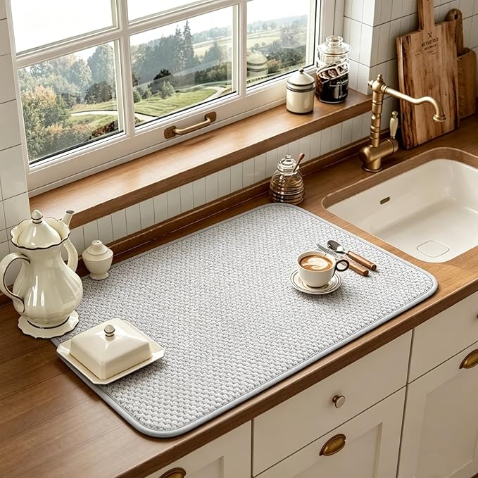 3 Pcs Extra Large Size Dish Drying Mat,Absorbent Microfiber Dishes Drainer Mats,30×24" Inch Pads for Kitchen Counter,Coffee,Rack,Under Sink,Light Gray
