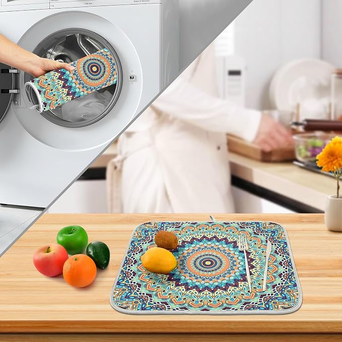 Bohemian Mandala Dish Drying Mat for Kitchen Counter Absorbent Microfiber Small Boho Ethnic Drying Pad Dish Mats for Kitchen Countertops 16 x 18 Inch