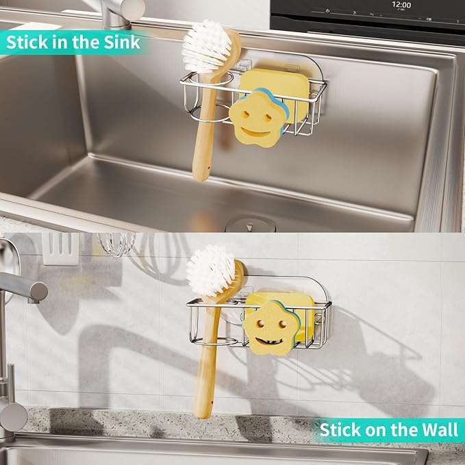 HapiRm Sink Caddy Sponge Holder - No Drill Kitchen Sink Organzier with Smiley Face Sponge Holder, Rustproof and Waterproof Kitchen Organizer - Silver