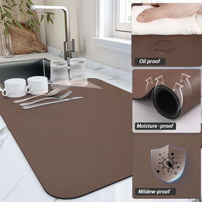 HotLive Dish Drying Mat for Kitchen Counter, Heat Resistant Drainer Mats with Non-slip Rubber Backed, Hide Stain Kitchen Super Absorbent Draining Mat, Easy to Clean Dish Rack Pad, Brown 18"x32"