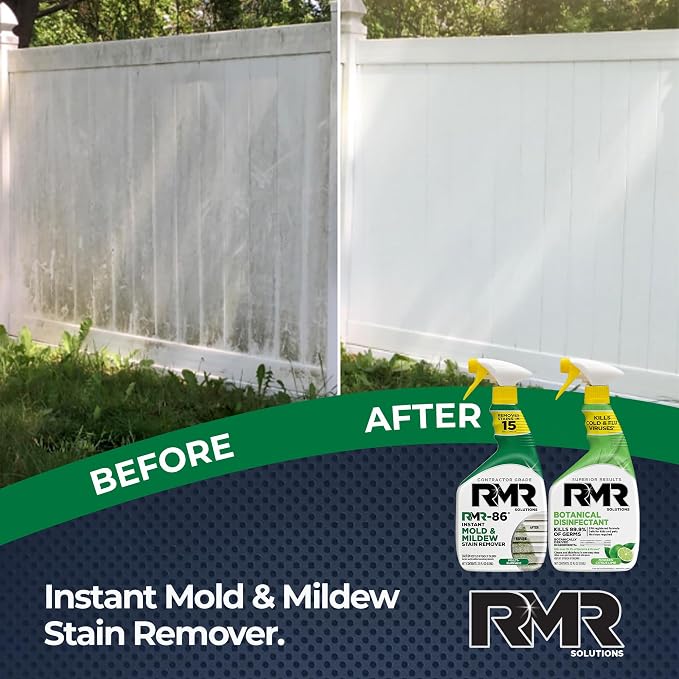 RMR Stain & Sanitation System –Instant Mold & Mildew Stain Remover + Botanical Disinfectant Cleaner, Indoor/Outdoor Cleaning Kit for Kitchens, Bathrooms, Furniture, Siding, & Deck, 2–32 Oz Bottles