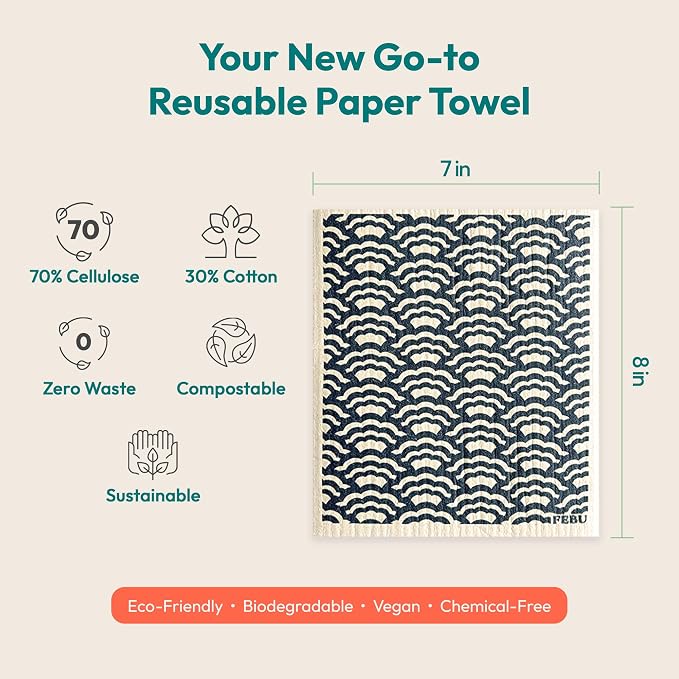 FEBU Swedish Dishcloths for Kitchen | 5 Pack Japanese Reusable Paper Towels Washable | Swedish Dish Towels | Non-Scratch Cellulose Sponge Cloths | No Odor, Biodegradable Cleaning Cloths