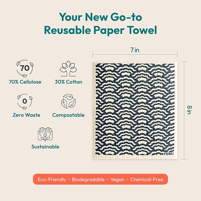 FEBU Swedish Dishcloths for Kitchen | 5 Pack Neutral Reusable Paper Towels Washable | Swedish Dish Towels | Non-Scratch Cellulose Sponge Cloths | No Odor, Biodegradable Cleaning Cloths