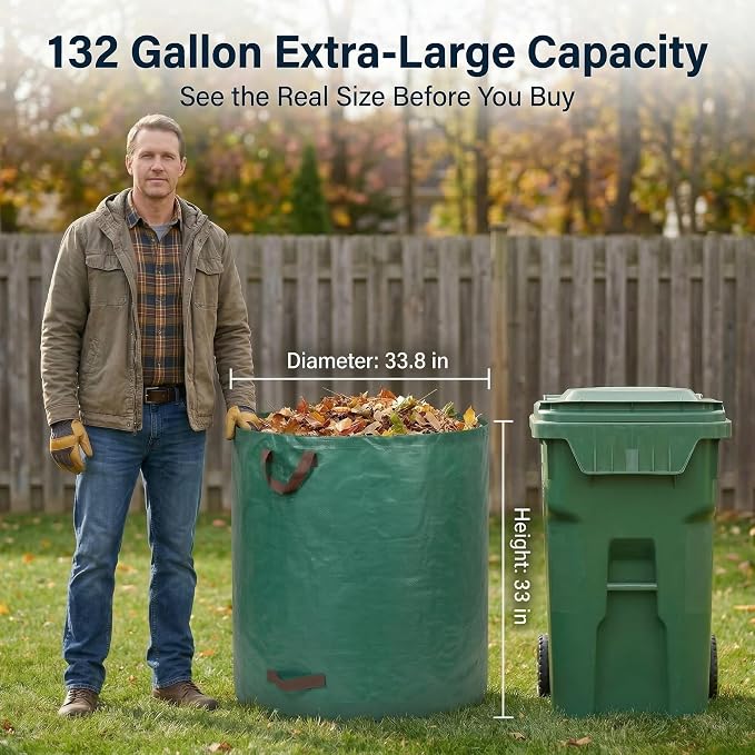 Professional 4-Pack 132 Gallon Gardening Bags for Lawn Yard, Extra Large Reusable Leaf Bags, Waste and Trash Container | Extra Large Garden Waste Bags for Lawn Cleanup, Holds Leaves, Grass Clippings with Durable Reusable Design