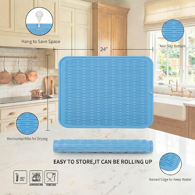 MicoYang Silicone Dish Drying Mat for Multiple Usage,Easy clean,Eco-friendly,Heat-resistant Silicone Mat for Kitchen Counter or Sink,Refrigerator or Drawer Liner Light Blue 2XL 24 inches x 18 inches