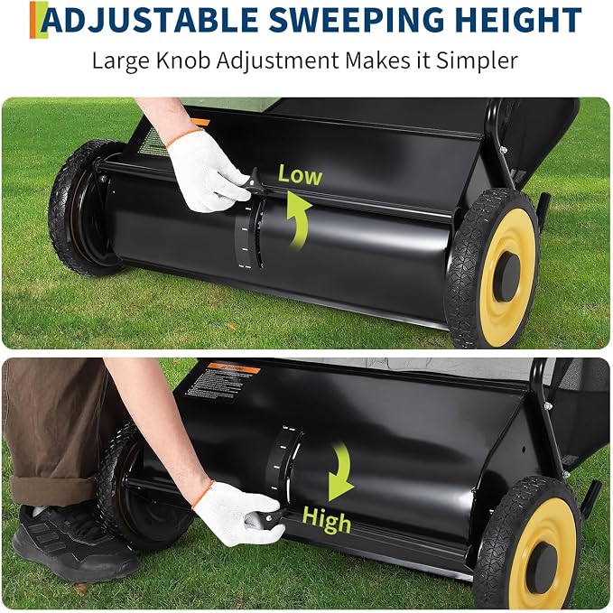 21-Inch Push Lawn Sweeper, Manual Leaf Sweeper with 4 Spinning Brushes & 3.5 cu. ft. Hopper Bag, Heavy Duty Steel Yard Sweeper with Adjustable Brush Height, Rubber Wheels for Leaves Grass Clippings