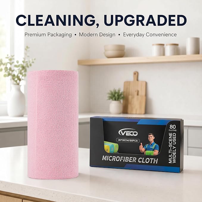 Veco Microfiber Cleaning Cloth Roll 80 PCS, 12" x 12" | Lint-Free, Streak-Free, Tear Away Reusable Microfiber Towels, Cleaning Rags for Kitchen, Car & Home, Pink