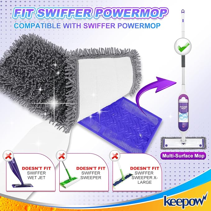 KEEPOW Reusable Microfiber Mop Pads for Swiffer PowerMop 2 Pack | Power Mop Pads Refills for 13 ''-15 '' Spray Mop, Machine Washable Pad Replacement for Multi-Surface Floor Cleaning
