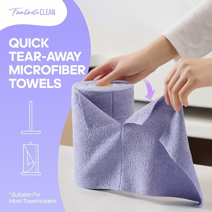 Fantasticlean Microfiber Cleaning Cloth Roll 4 Rolls 240 Pack, Tear Away Paperless Towels, 8" x 8", Reusable Washable Rags, House Kitchen, Pet, Office, Indoor Outdoor, Portable (2Pink 2Light-Purple)