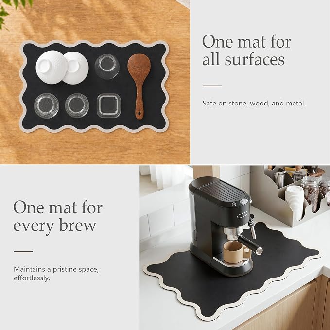 Scalloped Dish Drying Mat for Kitchen Counter, Absorbent Easy Clean Non-slip Coffee Bar Station Accessories, Trendy Cute Aesthetic Modern Drainer Kitchen Drying Mat, Black 12" x 19"