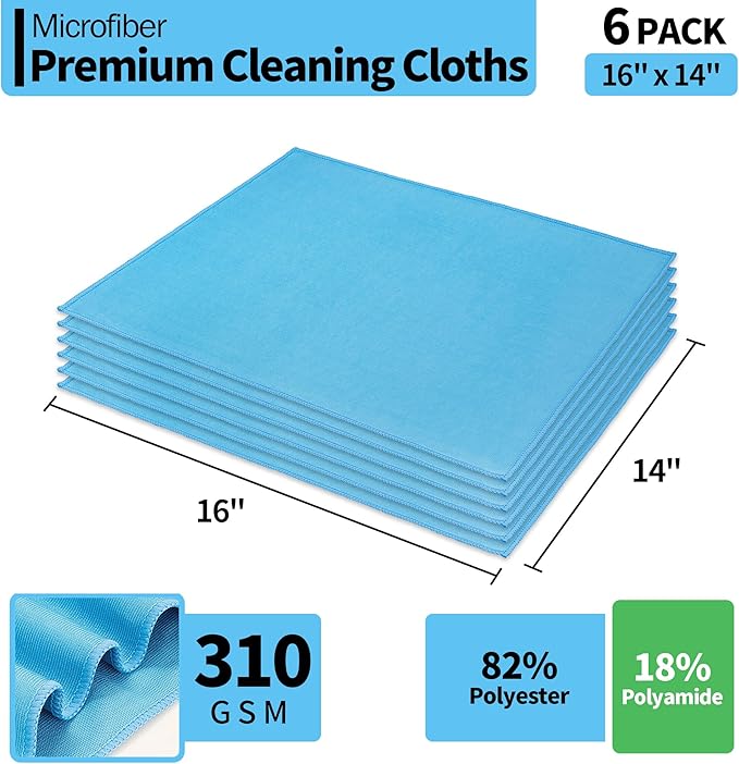 Microfiber Glass Cleaning Cloth, 6 Pack Window Glass Cleaning Rags, Reusable Lint-Free Streak Free Polishing Cloth Wipes for Stainless Steel, Eyeglasses, Mirrors, Screens & Lenses,16"x14"