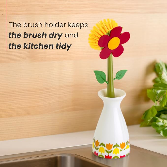 Vigar Flower Power Dish Brush - Flower-Shaped, Dish Brush with Handle, Dish Scrubber with Stand, Scrub Brush for Dishes, Dishwashing Brush, Kitchen Scrub Brush, Kitchen Essentials - White, Red