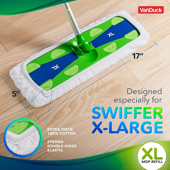 VanDuck Reusable Cotton Mop Pads Compatible with Swiffer Sweeper XL, 2 Pack | Mop not included, extra large covers, cotton replacement refills, wet & dry mopping pads