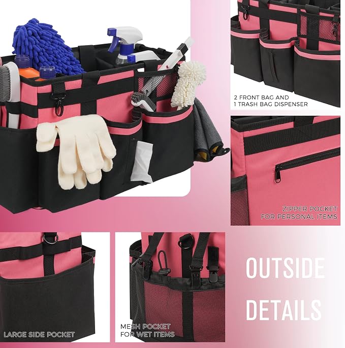 SCAVATA Wearable Cleaning Caddy, Cleaning Caddy Supplies Organizer with Handle & Shoulder Straps for Housekeepers, Under Sink & Car Cleaning Tool Organizers Bag with 4 Foldable Divider (OleanderRed)