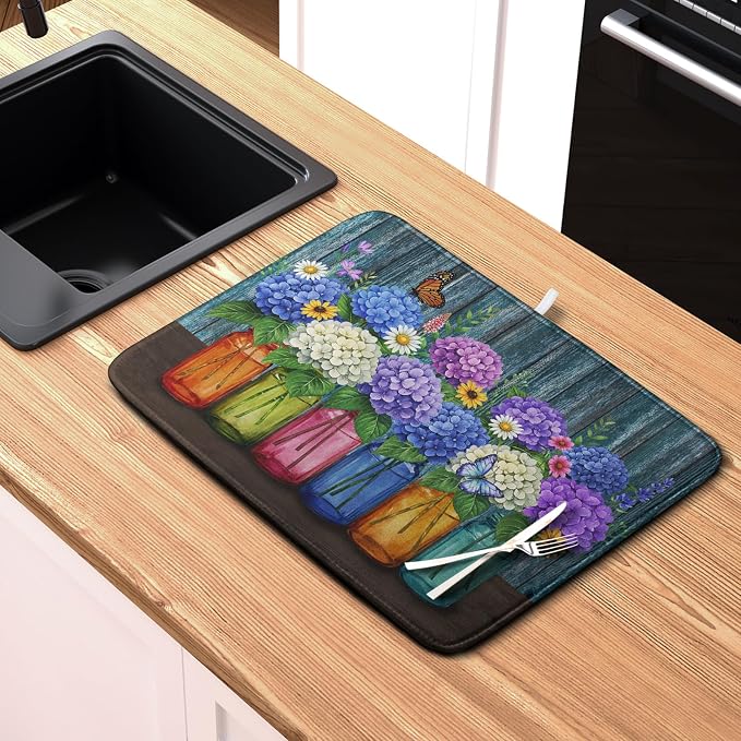 Hydrangea Dish Drying Mat Spring Summer Floral Jars Kitchen Drying Mats for Countertops Vintage Flower Vases Dish Draining Mat Microfiber Absorbent Dish Rack Pad 16x18 Inch