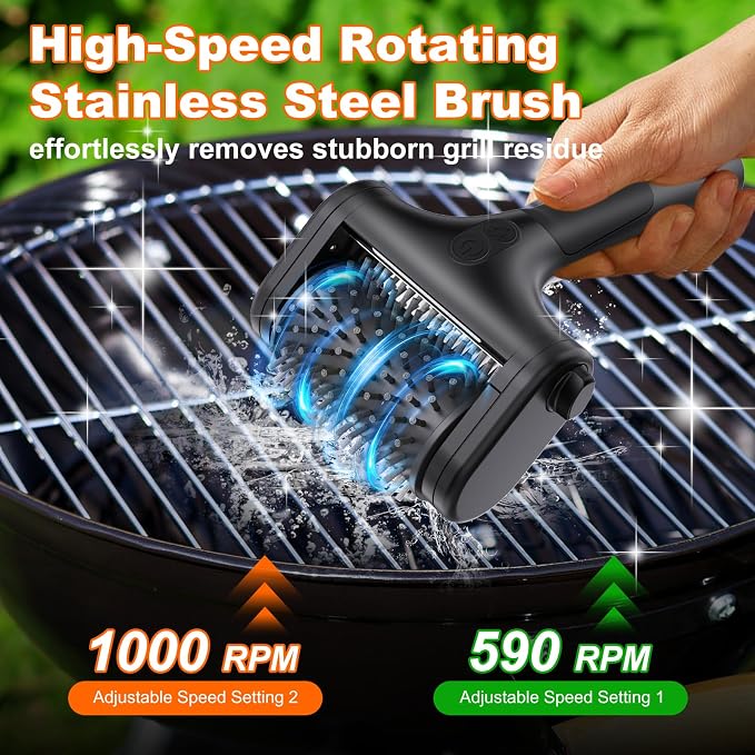 Electric Grill Brush – 2600mAh Rechargeable Outdoor Grill Cleaner, 2-Speed Adjustable (Up to 1000 RPM), 2 Replacement Heads, with LED Light, for BBQ Grates/Camping Stoves (Black)