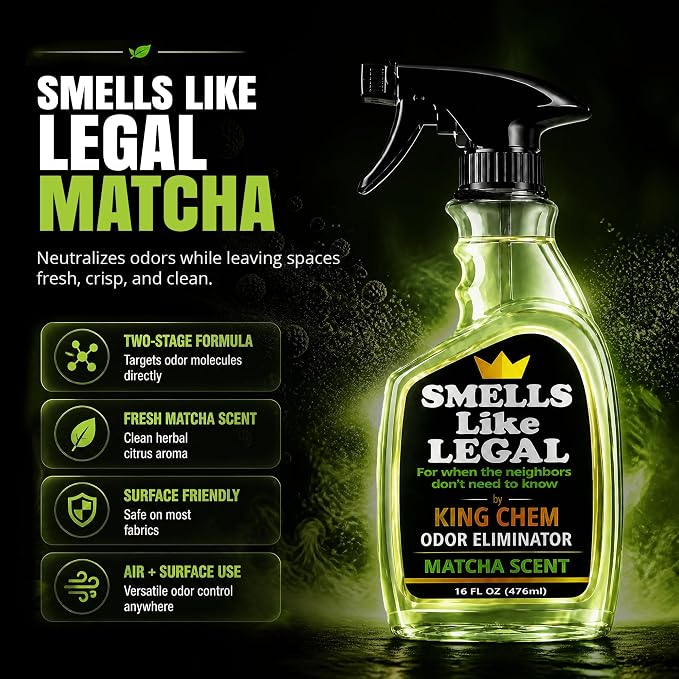 Smells Like Legal™ Matcha Odor Eliminator Spray - Powerful Commercial-Grade - Eliminates Smoke, Pet & Food Odors at source - Fabric-Safe, Non-Staining - Biodegradable Air & Fabric Freshener -16 oz | Commercial-Grade, Eliminates Smoke, Pet & Food Odors,...