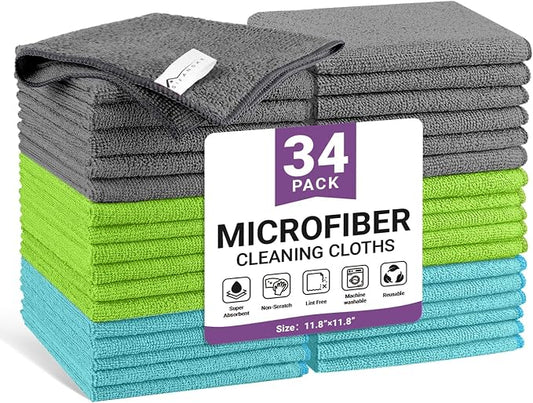 34 Pack Microfiber Cleaning Cloth, 3 Assorted Colors Cleaning Rags for Housekeeping, Colorful Reusable Microfiber Towels for Car, Kitchen, Bathroom and Household Cleaning Supplies, 11.8"X11.8"