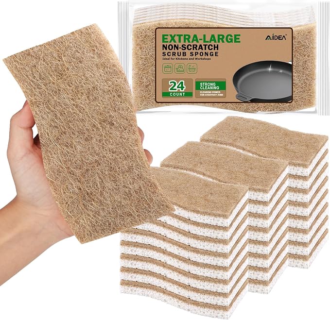 AIDEA XL Scrub Sponges Non-Scratch, 24Count, Large Natural Sponge for Non Stick Cookware, Sponges Kitchen, Cellulose Cleaning Sponge for Dishes, Kitchen, Bathroom, Household