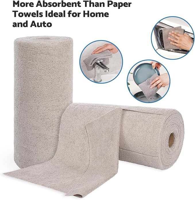 YoulerTex Reusable Cleaning Cloths Microfiber Towel: 50 Pack Washable Tear Away Cleaning Towels Roll - 12× 12 Absorbent Rags Drying Dishcloths for Kitchen House Car (50, Khaki)