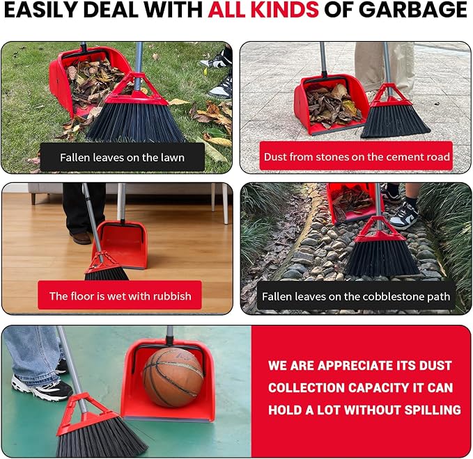 Commercial Broom and Dustpan Set,Heavy Duty Broom Set,Jumbo Debris Dustpan | Dustpan (14inch*14inch) , Broom(14inch Width) ,Trash Collection for Commercial /Industrial Cleaning ,2Sets, Red